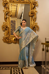 Sky Blue Tissue Shimmer Saree with Sequins Lace Border
