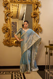 Sky Blue Tissue Shimmer Saree with Sequins Lace Border