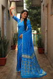 Sky Blue Bandhej Silk Saree with Checks Pattern Pallu