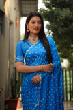 Sky Blue Bandhej Silk Saree with Checks Pattern Pallu