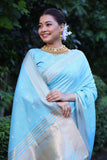 Sky Blue Color Maheshwari Tissue Silk Weaving Saree with Zari Butties, Woven Pallu, Border, and Fancy Tassels - Elegant Traditional Wear.