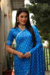 Sky Blue Bandhej Silk Saree with Checks Pattern Pallu