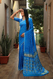 Sky Blue Bandhej Silk Saree with Checks Pattern Pallu
