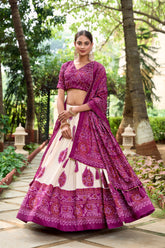 Purple tussar silk bandhej design lehenga choli