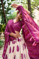 Purple tussar silk bandhej design lehenga choli