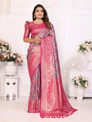 Pink Banarasi Chaturi Silk Saree With Contrast Blouse