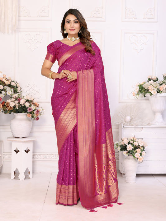 Luxury Dark Pink Soft Silk Saree with All-Over Butties, Zari Big Border & Rich Woven Pallu - Ultra-Lightweight, Silky Smooth, Baby Soft Fabric with Matching Silk Blouse.