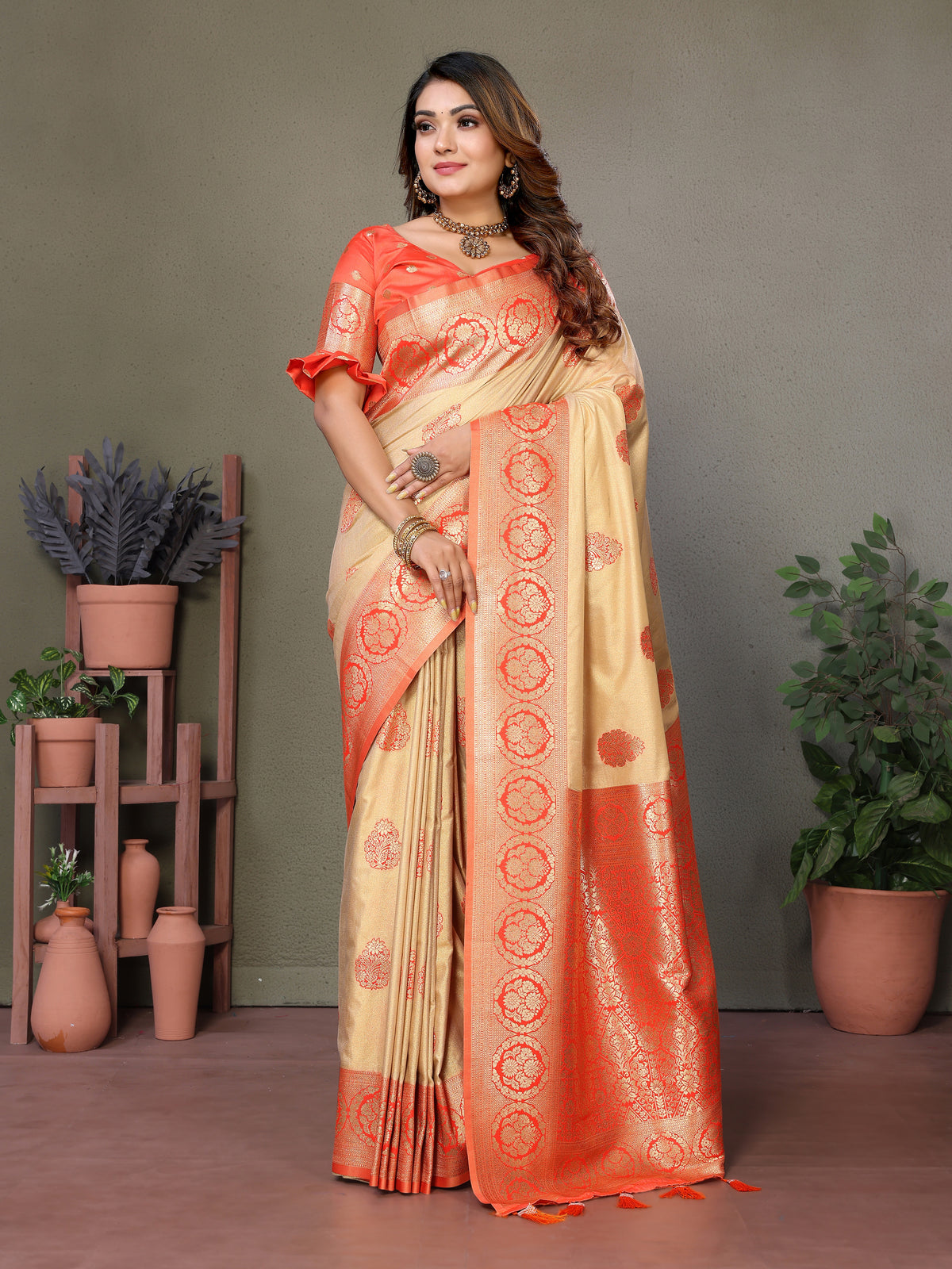 Orange Premium Viscose Silky Saree with All-Over Weaving Butties, Contrast Border, and Rich Woven Pallu - Perfect for Weddings & Festivals.