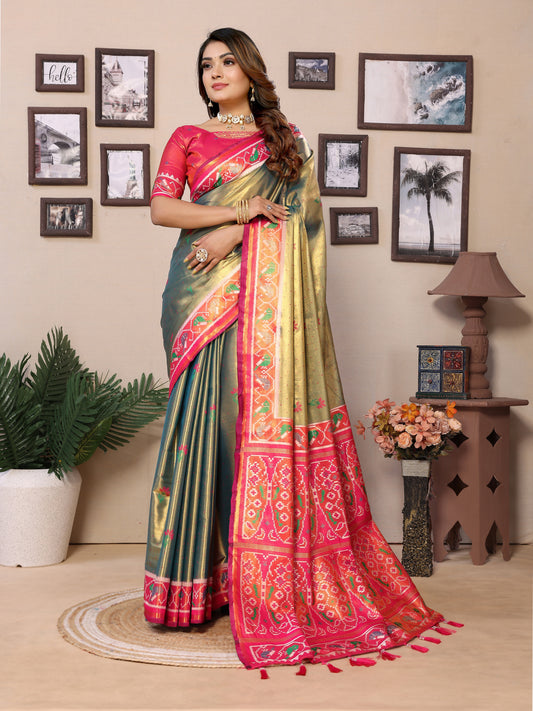 Mehndi Pure Banarasi Tissue Silk Saree with Patola Woven Borders