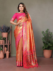 Orange Pure Banarasi Tissue Silk Saree with Leheriya Weave