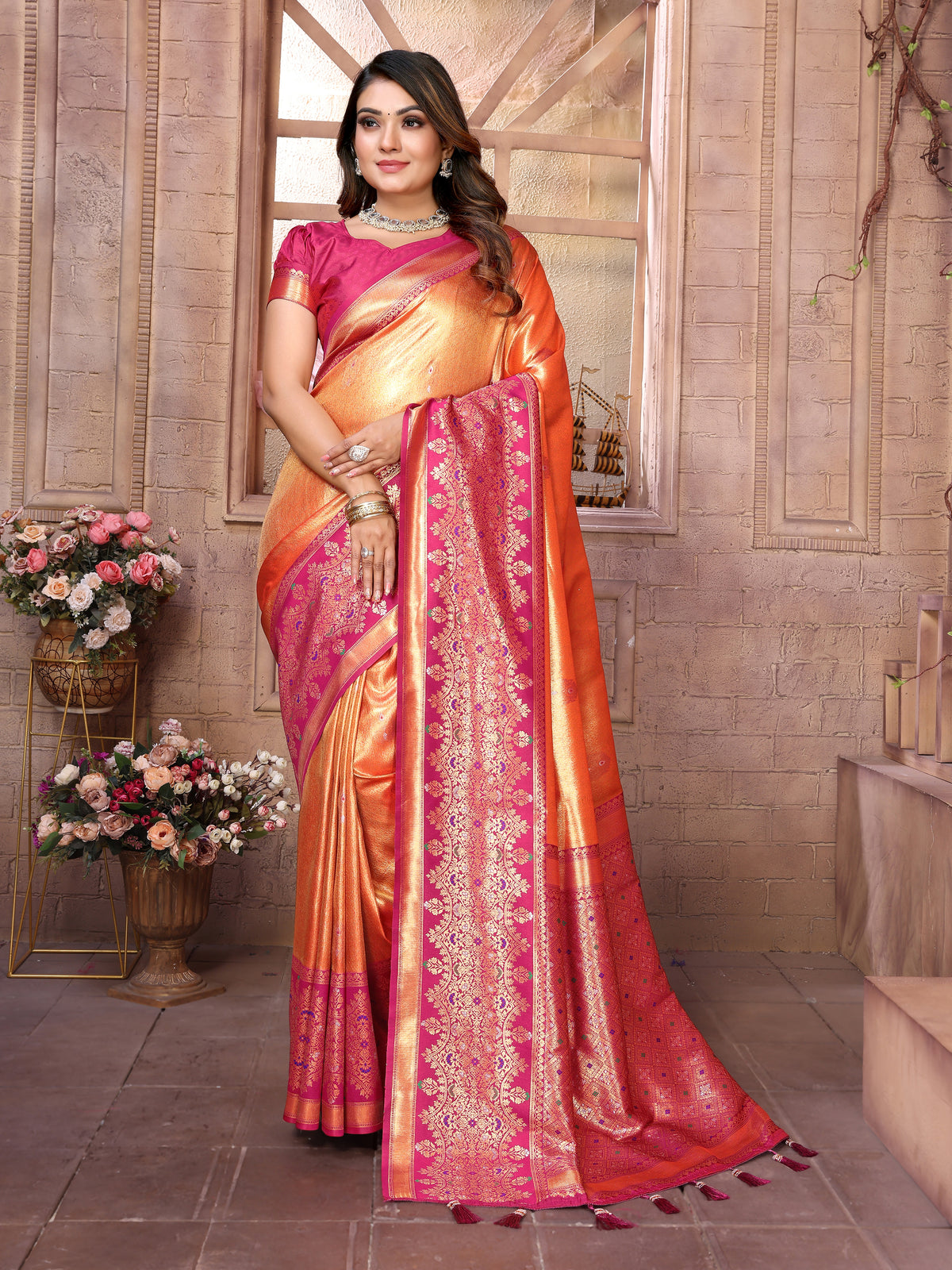 Orange Pure Banarasi Tissue Silk Saree For Women