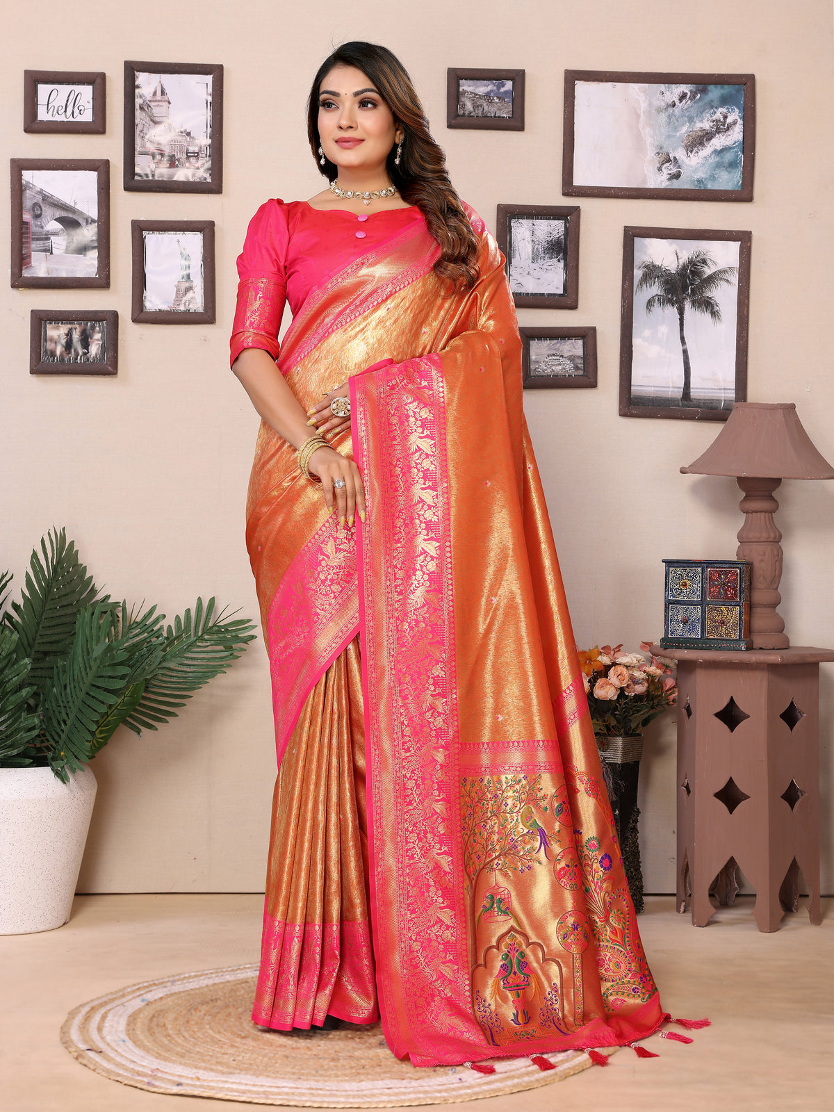 Orange Pure Banarasi Tissue Silk Saree with Paithani Woven Borders