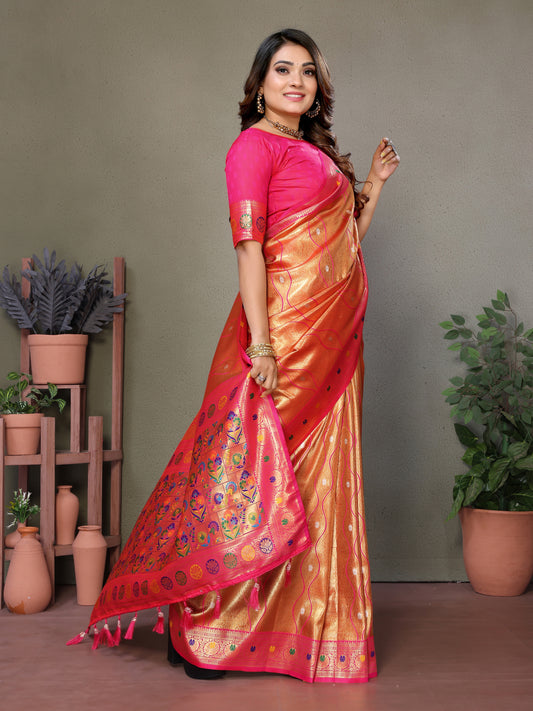 Orange Pure Banarasi Tissue Silk Saree with Leheriya Weave