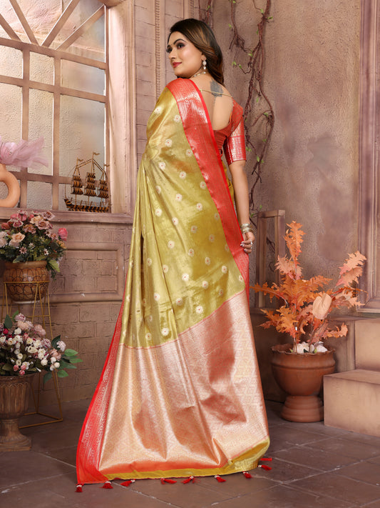 Mehndi Green Handloom Tissue Silk Sarees with Zari Weaving Designs