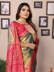 Mehndi Pure Banarasi Tissue Silk Saree with Patola Woven Borders