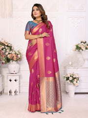 Exquisite Dark Pink Premium Lichi Soft Silk Saree with Woven Butta, Zari Borders & Contrast Blouse | Rich, Flowing, and Elegant Design.