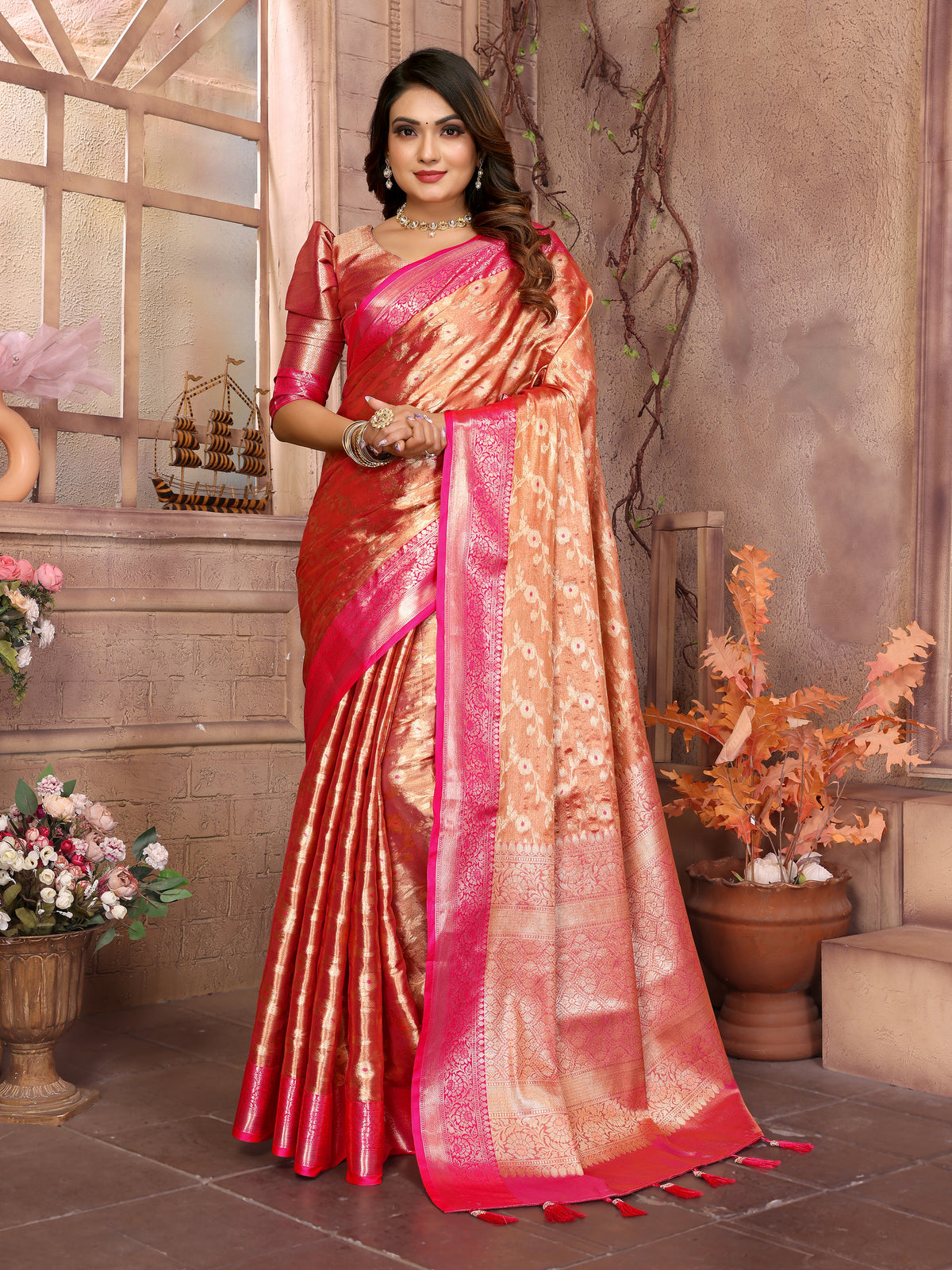 Orange Handloom Tissue Silk Saree with All-Over Zari Weaving, Contrast Zari Borders & Rich Pallu – Elegant Wedding & Festive Wear.