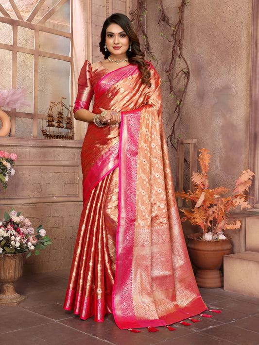 Orange Handloom Tissue Silk Saree For Wedding