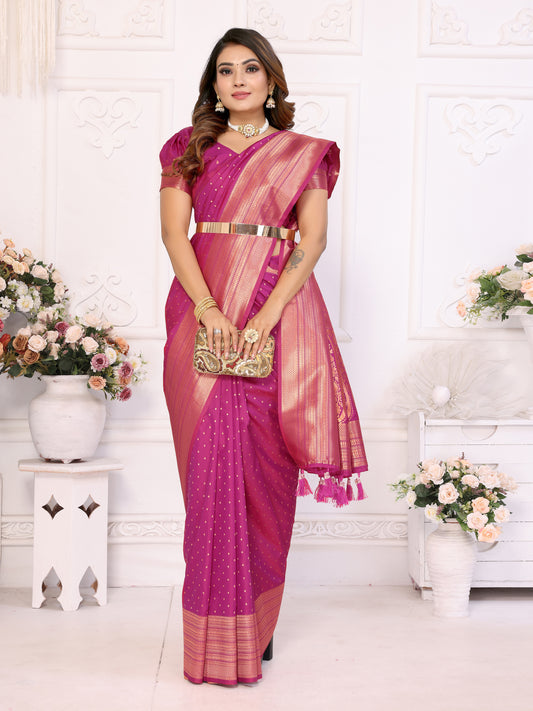 Luxury Dark Pink Soft Silk Saree with All-Over Butties, Zari Big Border & Rich Woven Pallu - Ultra-Lightweight, Silky Smooth, Baby Soft Fabric with Matching Silk Blouse.