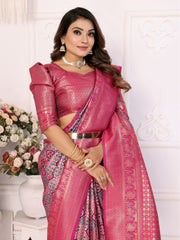 Pink Banarasi Chaturi Silk Saree With Contrast Blouse