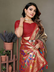 Mehendi Red Pure Banarasi Tissue Silk Saree