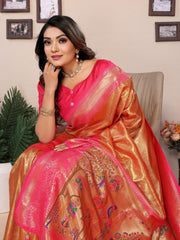 Orange Pure Banarasi Tissue Silk Saree with Paithani Woven Borders