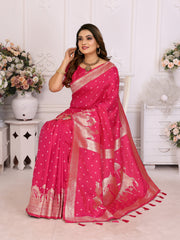 Pink Exclusive Summer Special Pure Lichi Silk Saree Collection | Premium Quality Kochi Silk with Bandhej Weaving | Official Wear, Easy Maintenance & Durable | Soft, Comfy & Easy to Drape.