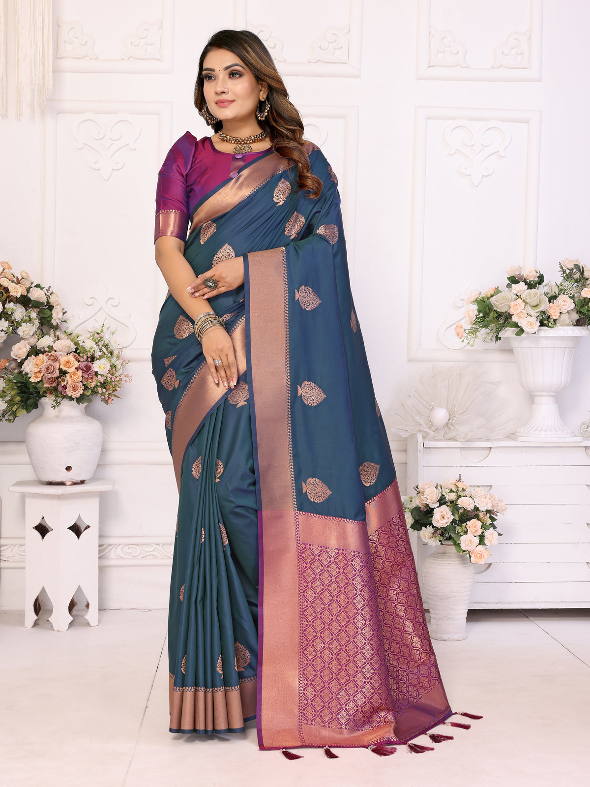 Exquisite Firozi Color Premium Lichi Soft Silk Saree with Woven Butta, Zari Borders & Contrast Blouse | Rich, Flowing, and Elegant Design.