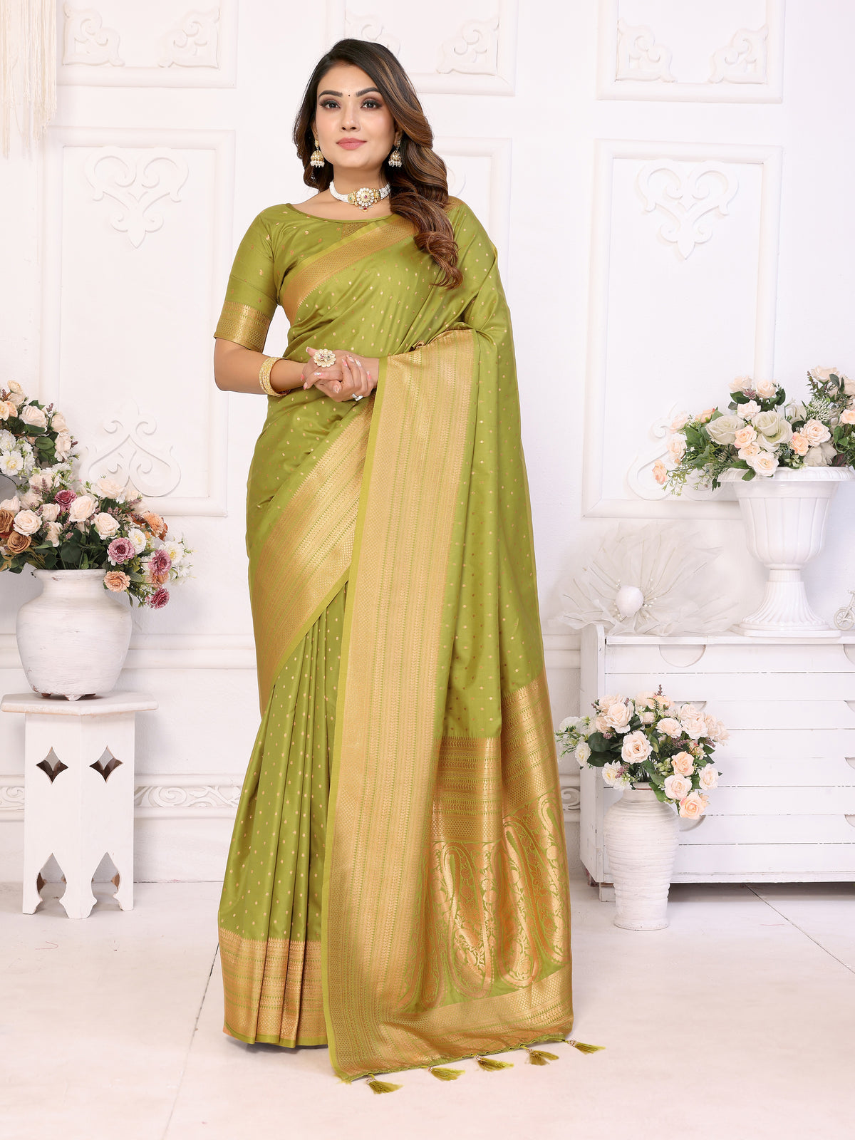 Luxury Green Soft Silk Saree with All-Over Butties, Zari Big Border & Rich Woven Pallu - Ultra-Lightweight, Silky Smooth, Baby Soft Fabric with Matching Silk Blouse.