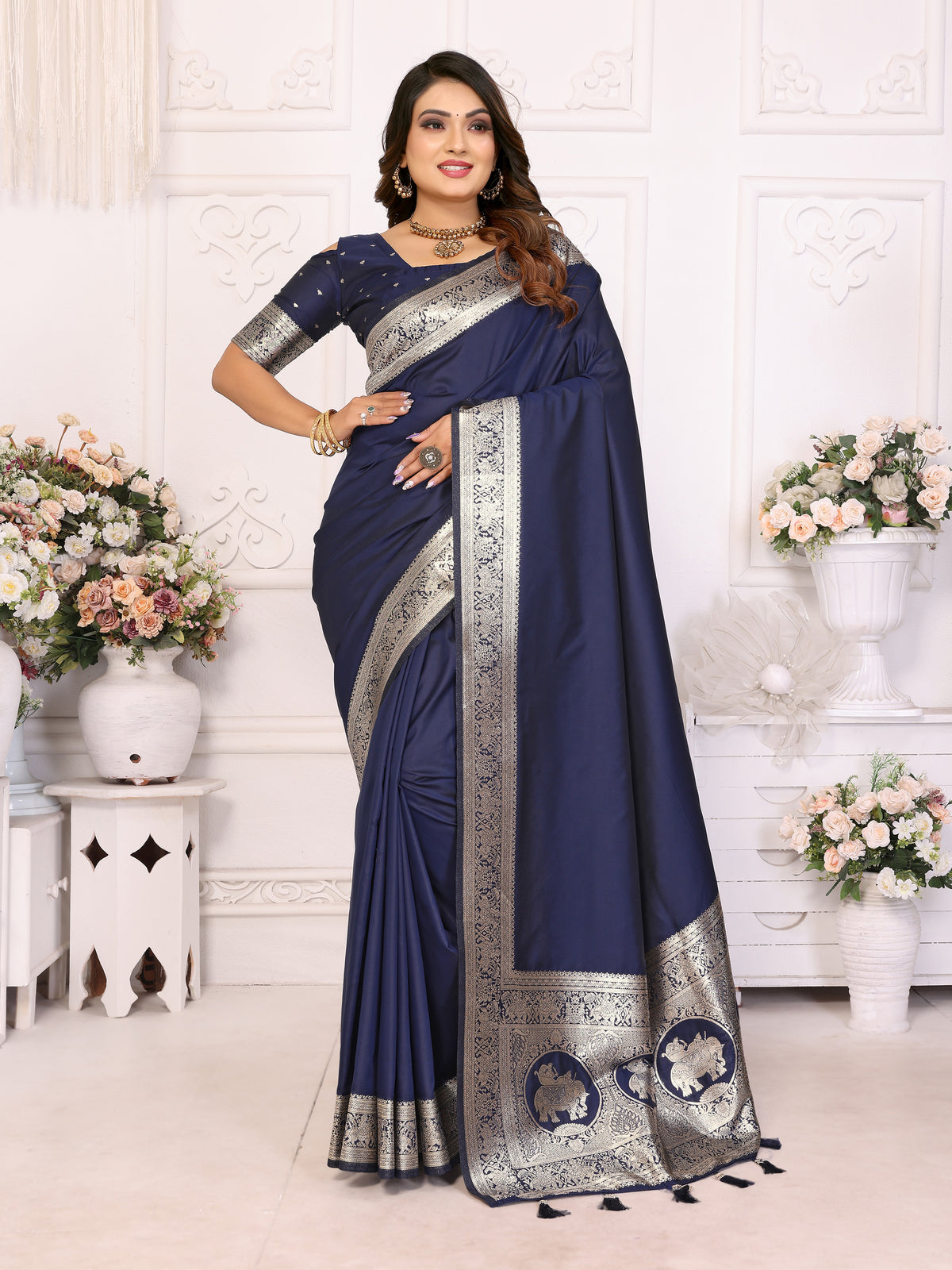 Navy Blue Banarasi Silk Saree for Weddings.