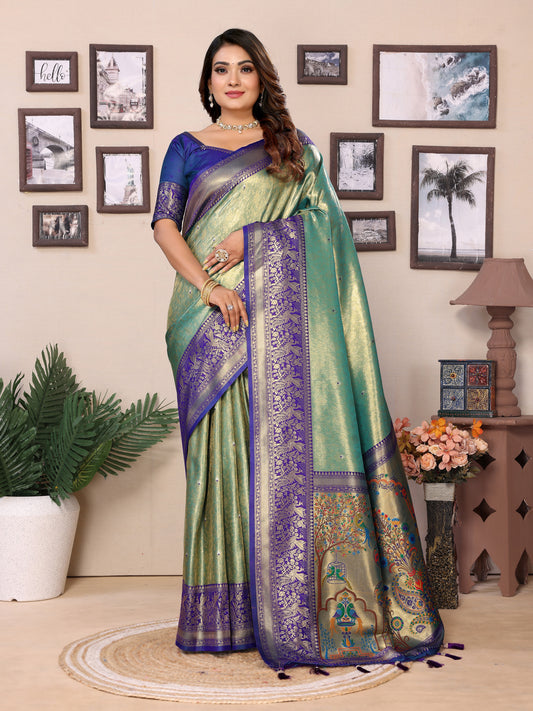 Sky Pure Banarasi Tissue Silk Saree with Paithani Woven Borders