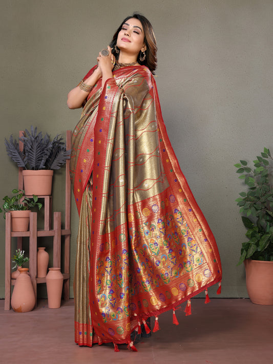 Gray Pure Banarasi Tissue Silk Saree with Leheriya Weave