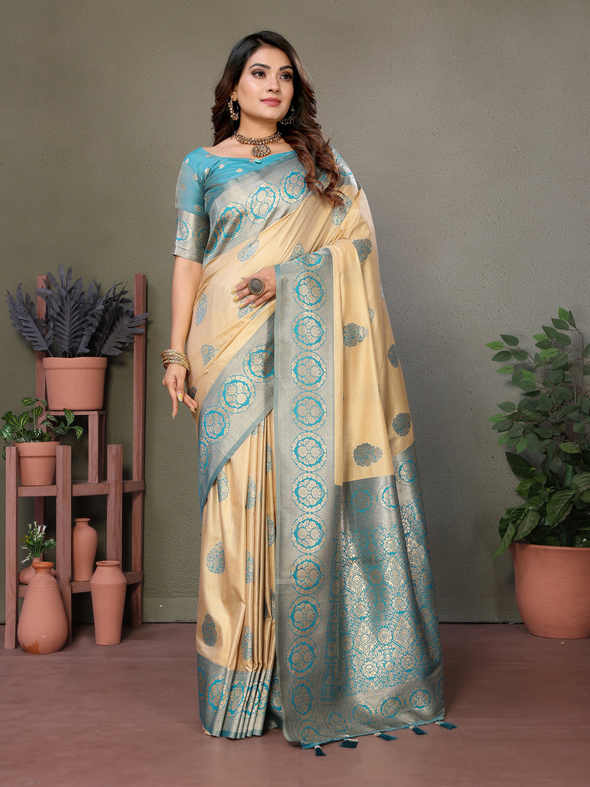 Sky Premium Viscose Silky Saree with All-Over Weaving Butties, Contrast Border, and Rich Woven Pallu – Ideal for Weddings & Festivals.