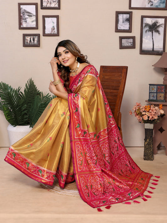 Mustard Pure Banarasi Tissue Silk Saree with Patola Woven Borders