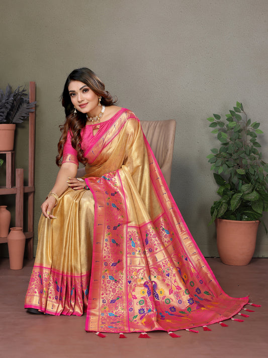 Yellow Pink Pure Banarasi Tissue Silk Saree