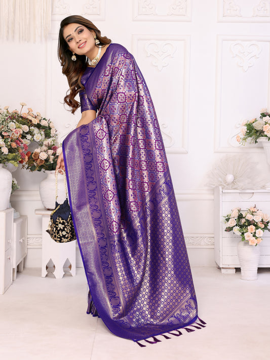 Purple Banarasi Chaturi Silk Saree with Contrast Blouse.