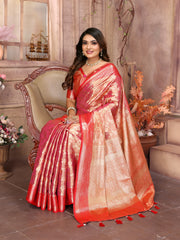 Peach Handloom Tissue Silk Saree with All-Over Zari Weaving, Contrast Zari Borders & Rich Pallu – Elegant Wedding & Festive Wear.