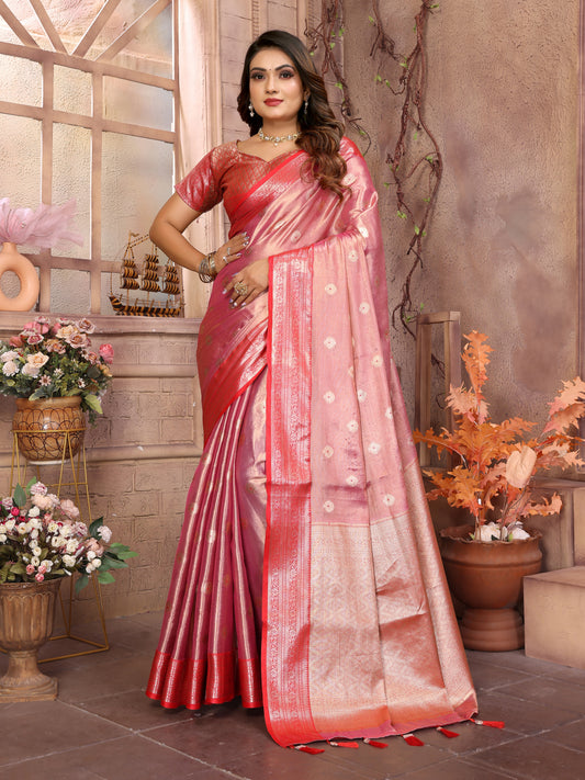 Pink Handloom Tissue Silk Sarees with Zari Weaving Designs