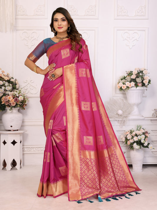 Pink Color Premium Lichi Soft Silk Saree with Woven Butta Design, Zari Borders & Rich Pallu – Elegant Wedding & Party Wear.