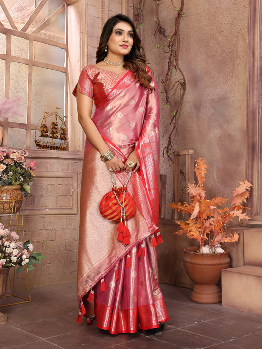 Pink Handloom Tissue Silk Sarees with Zari Weaving Designs | Zari Woven Borders & Rich Pallu | Elegant & Trending Collection.