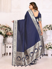 Navy Blue Banarasi Silk Saree for Weddings.