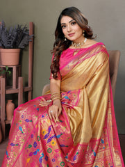 Yellow Pink Pure Banarasi Tissue Silk Saree