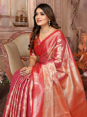 Peach Handloom Tissue Silk Saree For Wedding