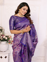 Purple Banarasi Chaturi Silk Saree with Contrast Blouse.