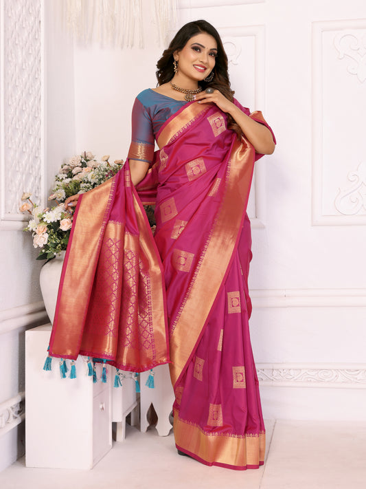 Pink Color Premium Lichi Soft Silk Saree with Woven Butta Design, Zari Borders & Rich Pallu – Elegant Wedding & Party Wear.