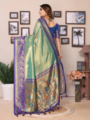 Sky Pure Banarasi Tissue Silk Saree with Paithani Woven Borders