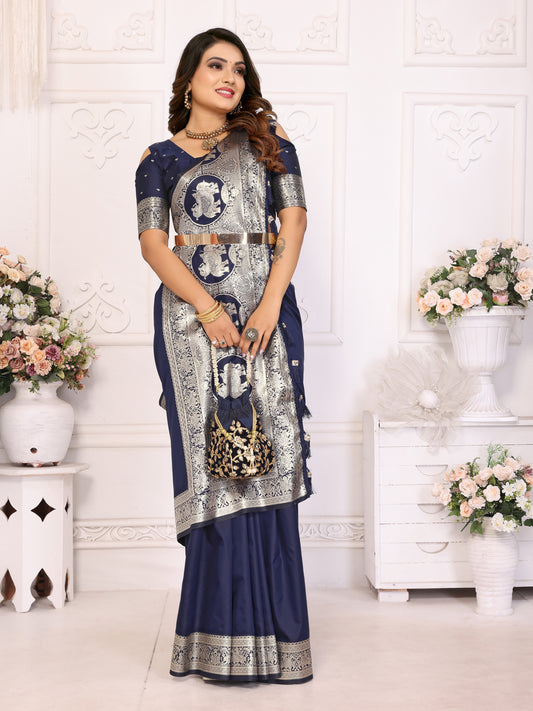 Navy Blue Banarasi Silk Saree for Weddings.