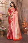 Peach Handloom Tissue Silk Saree with All-Over Zari Weaving, Contrast Zari Borders & Rich Pallu – Elegant Wedding & Festive Wear.