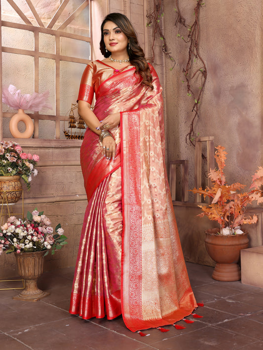 Peach Handloom Tissue Silk Saree with All-Over Zari Weaving, Contrast Zari Borders & Rich Pallu – Elegant Wedding & Festive Wear.