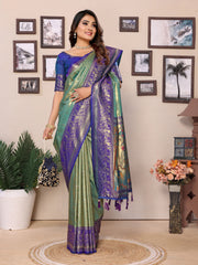 Sky Pure Banarasi Tissue Silk Saree with Paithani Woven Borders